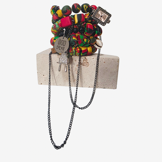 SOVEREIGN KULTUREBLADE multi-loop wrap bracelet with black tourmaline and krobo beads