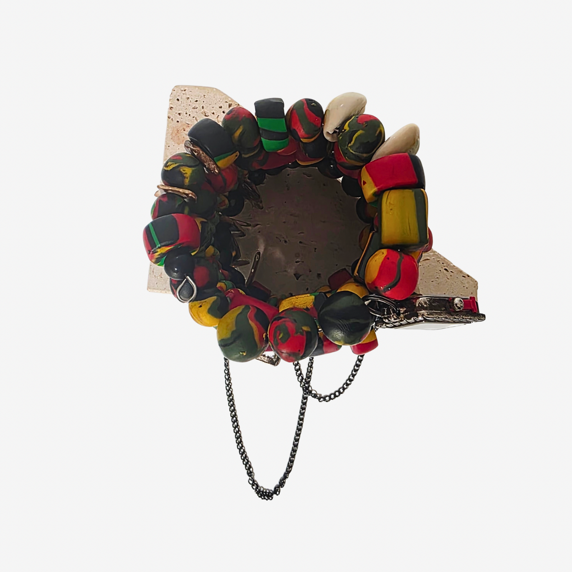 One-of-one Pan-African colorway bracelet with crystals and stainless steel charms