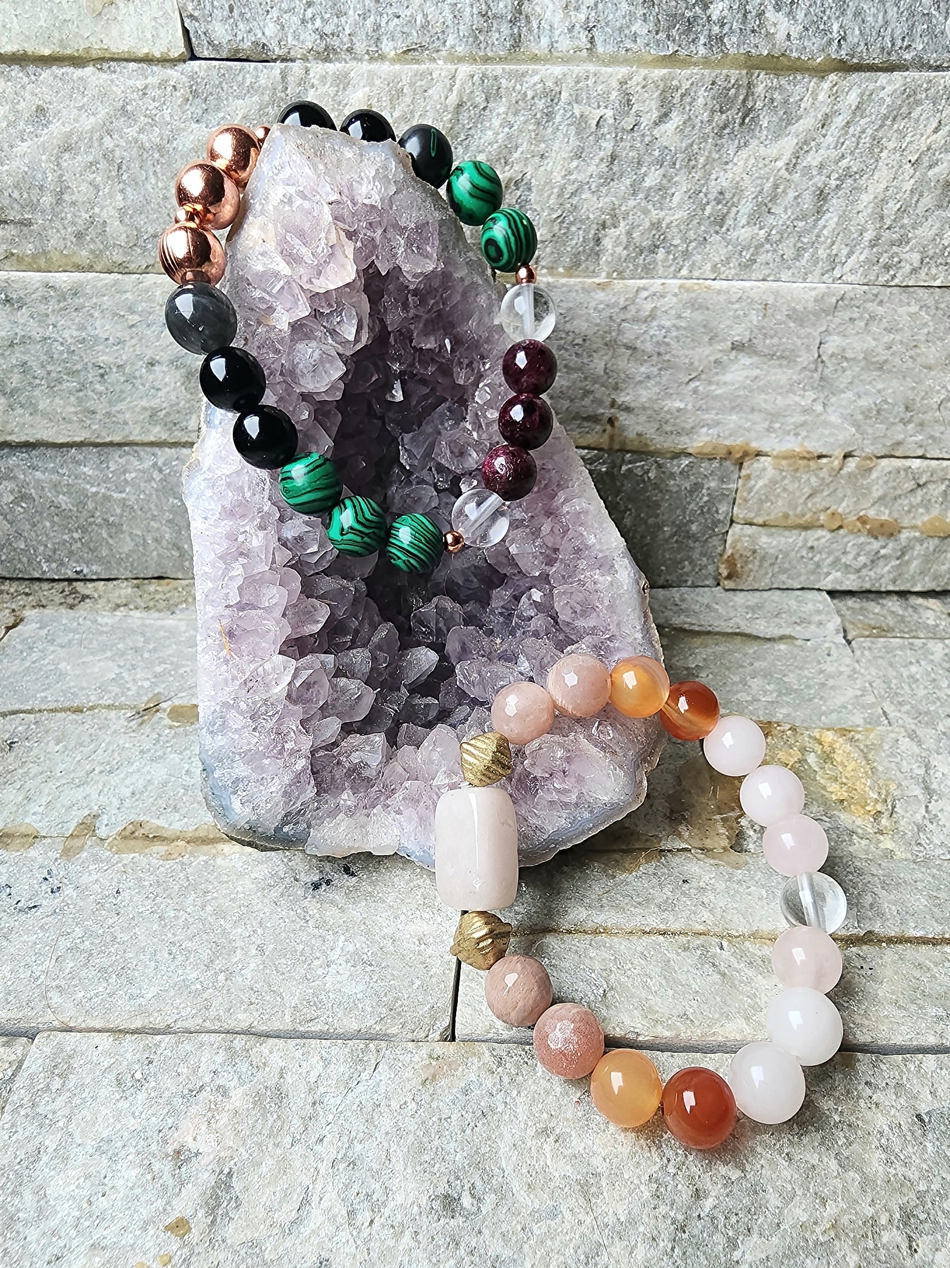 Elysian and Ember Shield crystal bracelet duo with carnelian, rose quartz, tourmaline, and labradorite for love, clarity, protection, and energetic balance