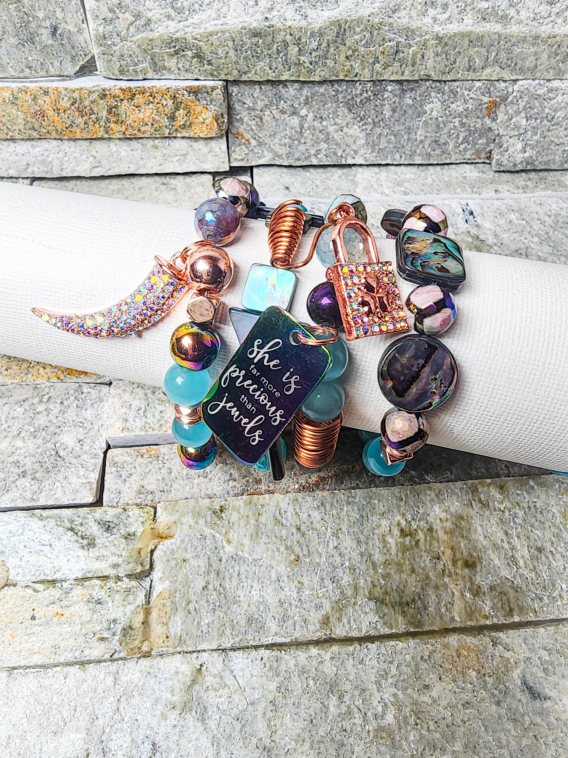 Eye Candy bracelet stack with handcrafted clay beads and vibrant crystals — playful, powerful, and visually captivating arm candy”