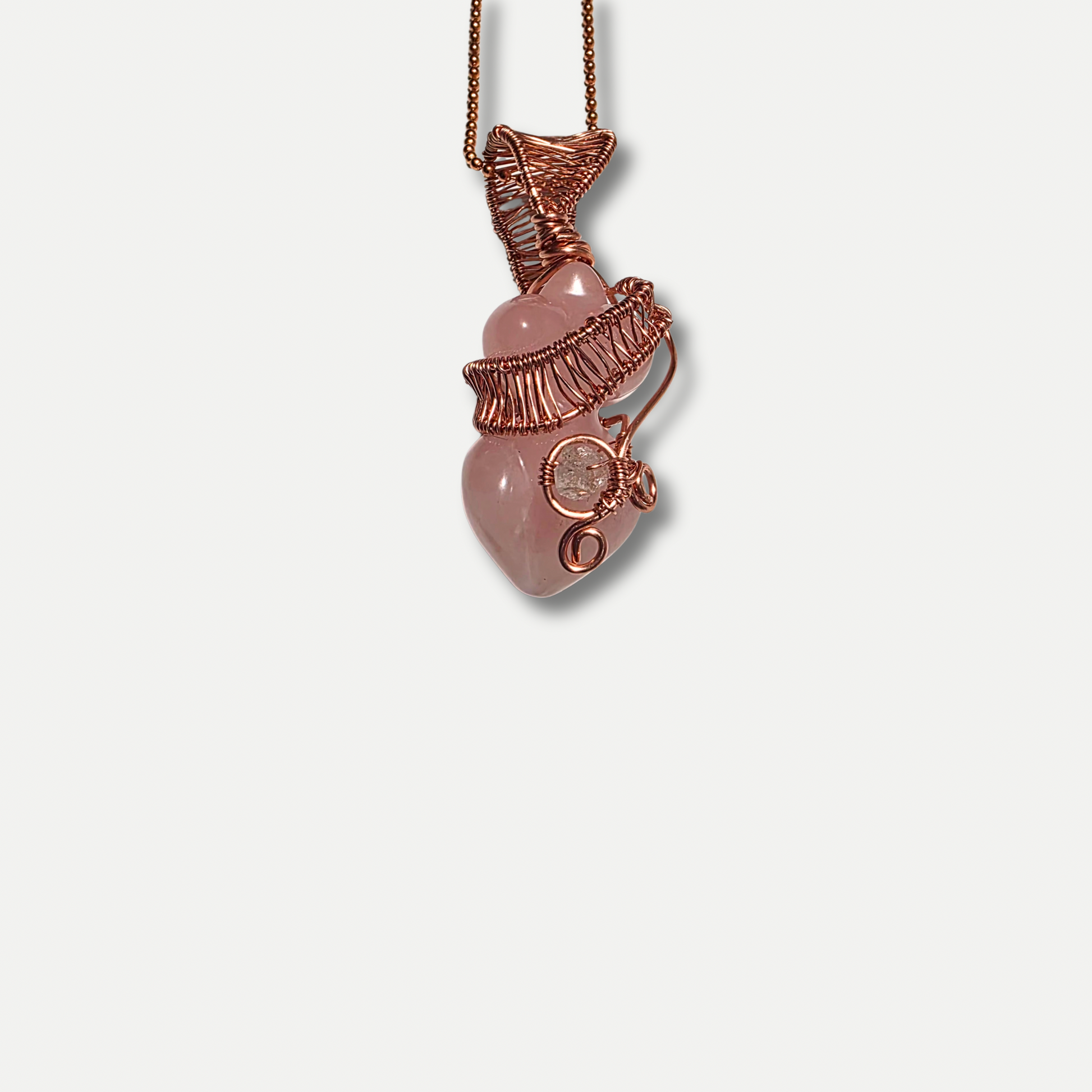 Eros & Ether rose quartz goddess pendant hand wrapped in raw copper with Herkimer diamond on 14 inch drop necklace