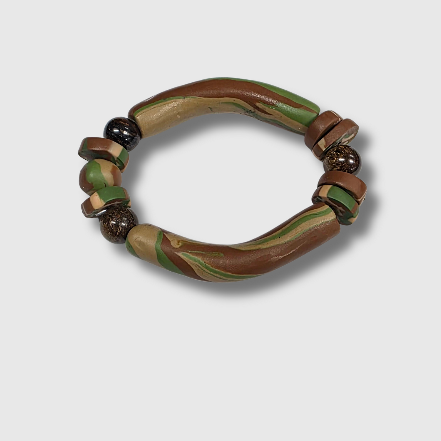 GHOST camo polymer clay bracelet with bronzite — unisex grounding jewelry by JvOR