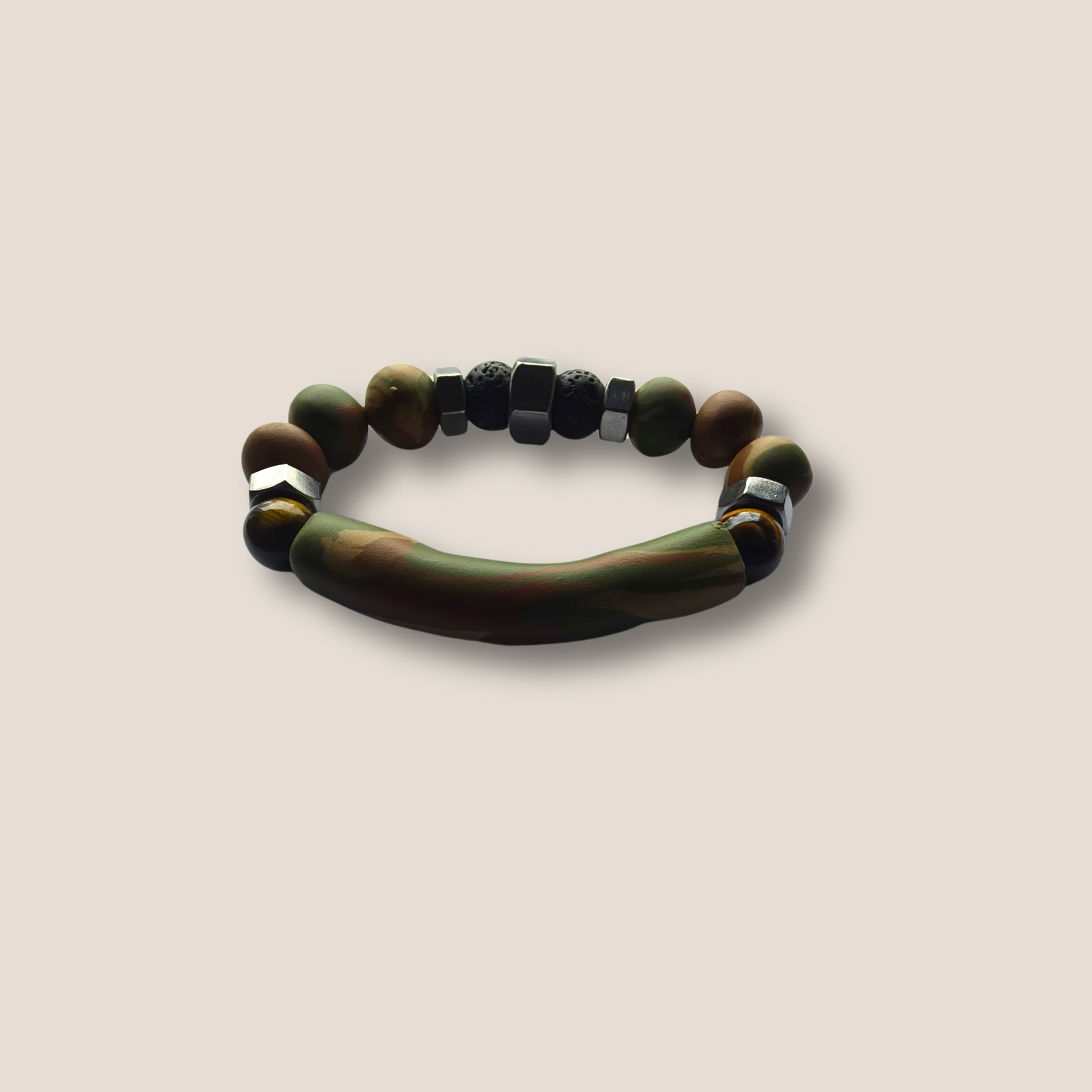 JvOR Hex The Vanguard handmade lava stone bracelet with stainless steel hex nut masculine unisex grounding jewelry.