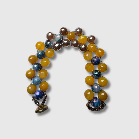 Agate crystal beaded bracelet sewn with needle and thread, featuring a cup button clasp and seed beads — handcrafted by JvOR