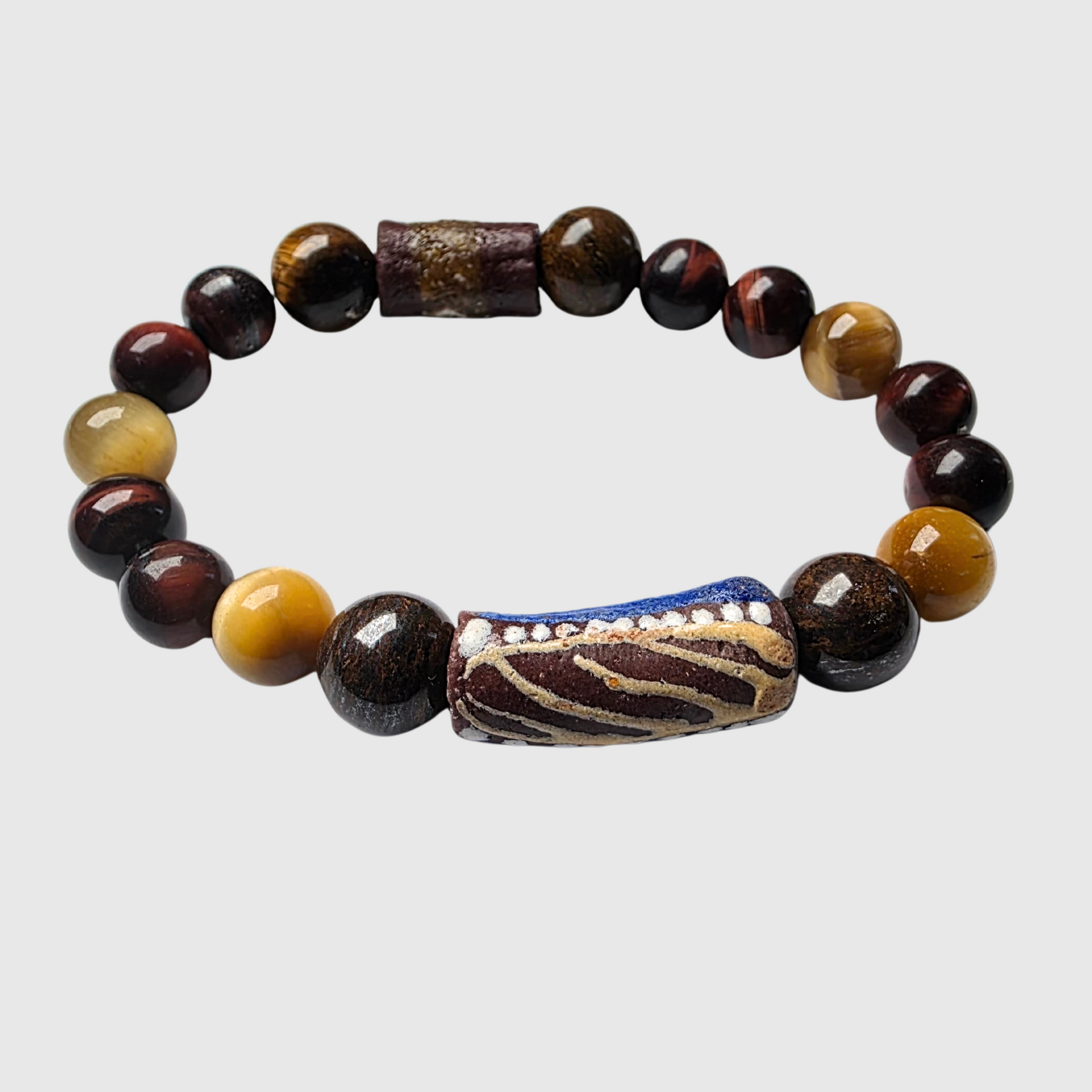 Dagger men’s Tiger’s Eye and Bronzite power bracelet with African Krobo bead tube by JvOR