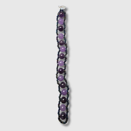 Cat’s Eye beaded bracelet sewn with needle and thread, featuring a cup button clasp and seed beads — handcrafted by JvOR