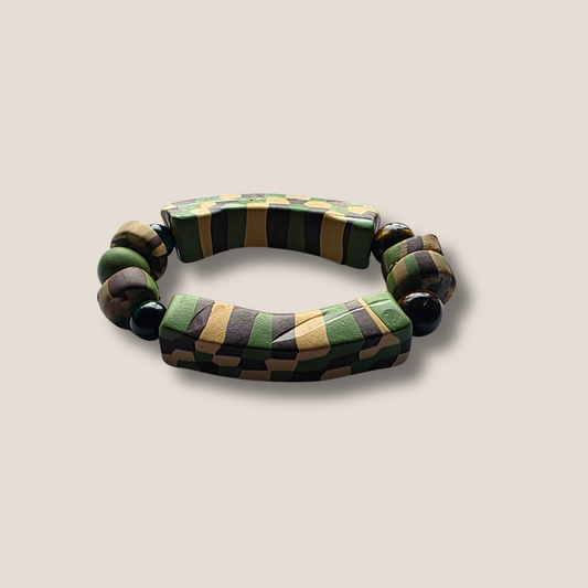 ReCON Grid Bracelet by JvOR — handmade checkerboard camo bracelet featuring brown and green Tiger’s Eye crystals, designed for grounded strength and focus.
