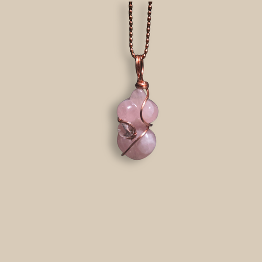 Rose Quartz copper-wrapped pendant by JvOR — handmade crystal jewelry for unconditional love, healing, and emotional balance.