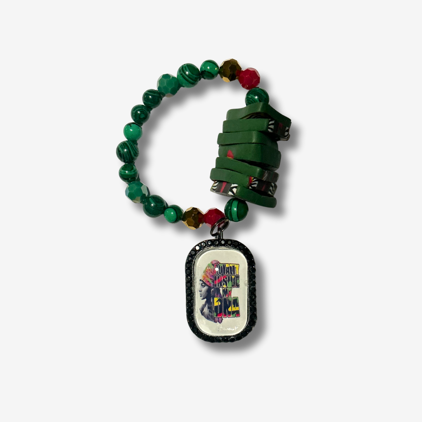 Handcrafted bracelet blending authentic crystals and polymer clay beads, designed for powerful energy and bold style.