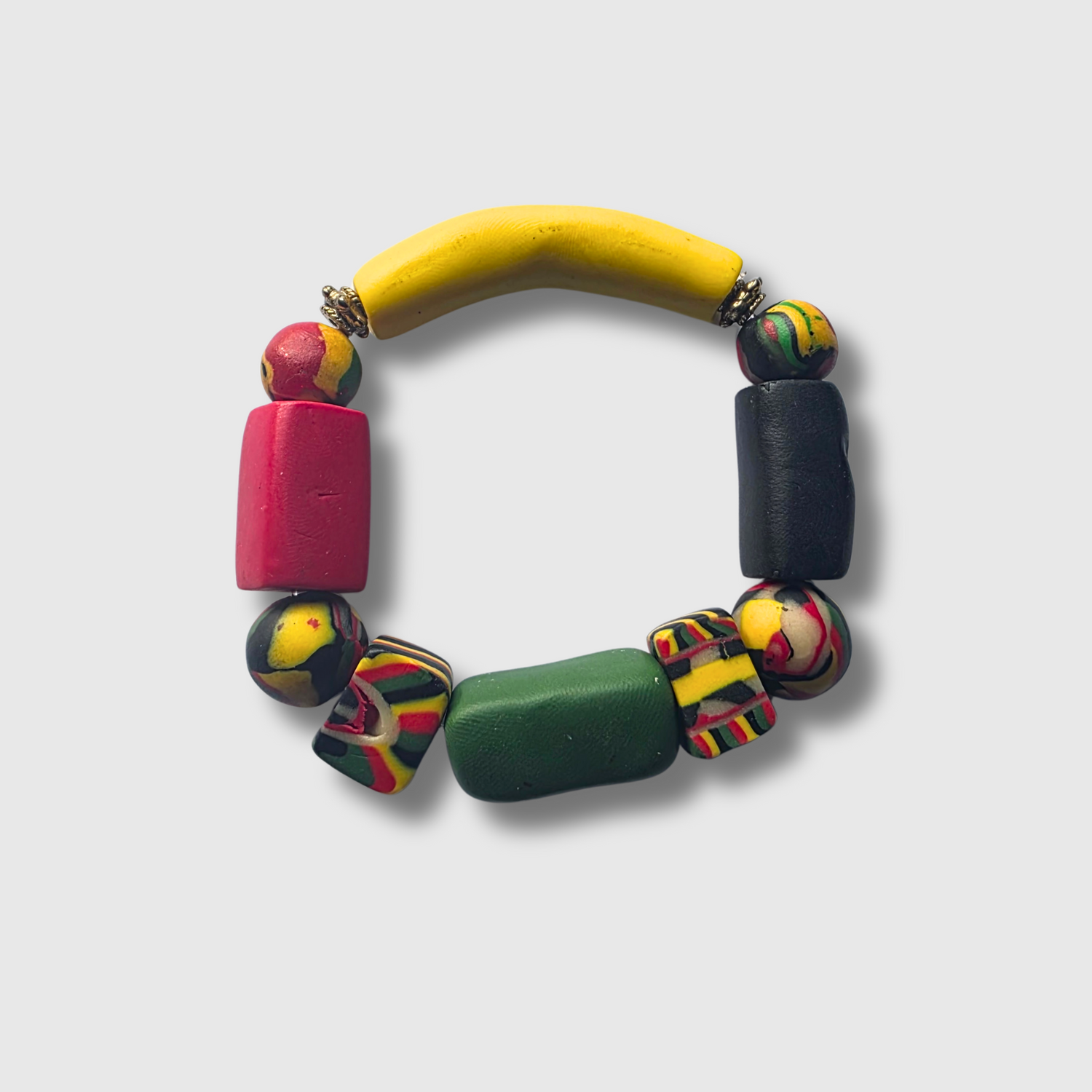 RUDO Pan-African bracelet with polymer clay beads and Hematite spacers — unisex grounding bracelet by JvOR