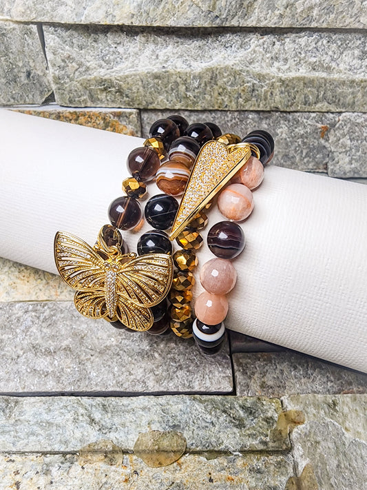MYSTIC BRACELET STACK IN SOFT NEUTRALS WITH BUTTERFLY CHARM - FEMININE, GROUNDED, & HANDCRAFTED TO SOULFUL ELEGANCE.