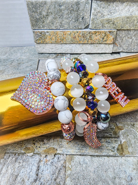 PURGE CRYSTAL CASCADE BRACELET STACK - RADIANT MIX OF WHITES, SHIMMER, & CRYSTALS FOR CLEANSING & RENEWAL. 