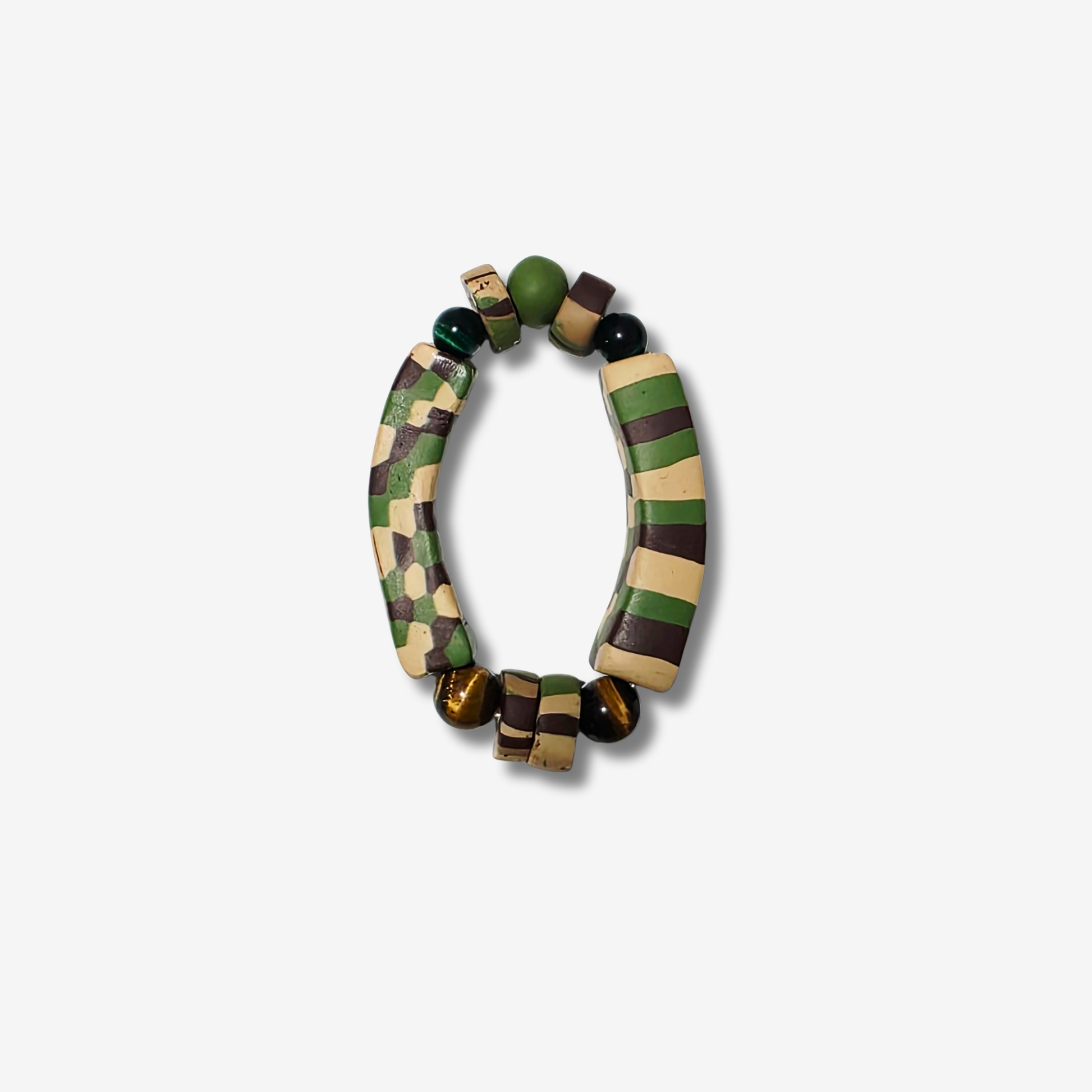 Handmade camo designed polymer clay bracelet with tigers eye crystal by JvOR