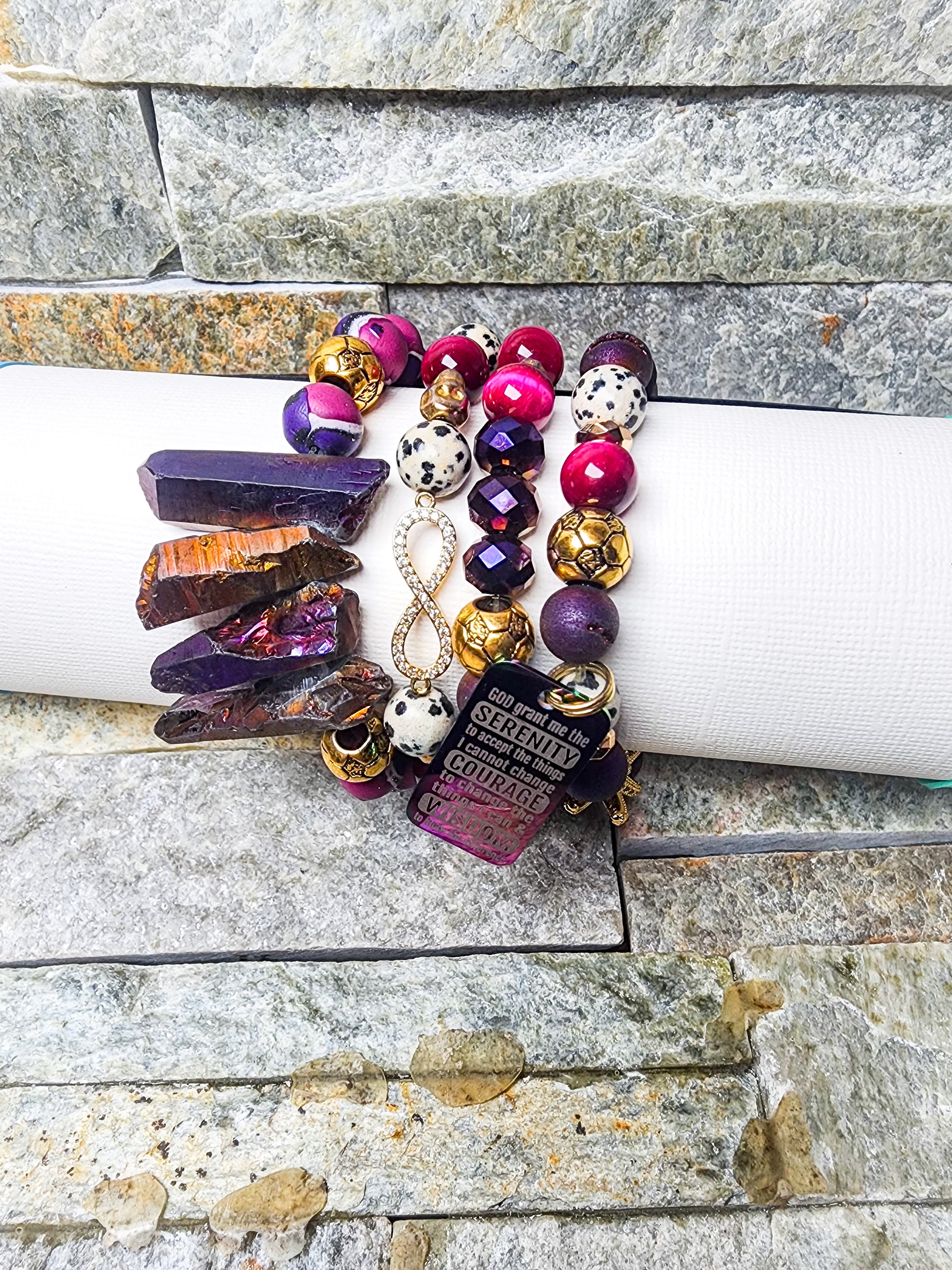 SERENITY CRYSTAL STACK IN EARTHY AND PURPLES & GOLDS - PEACEFUL, ELEGENT, & GROUNDING HANDCRAFTED JEWELRY.