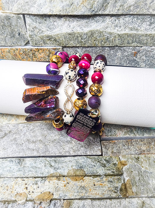 SERENITY CRYSTAL STACK IN EARTHY AND PURPLES & GOLDS - PEACEFUL, ELEGENT, & GROUNDING HANDCRAFTED JEWELRY.