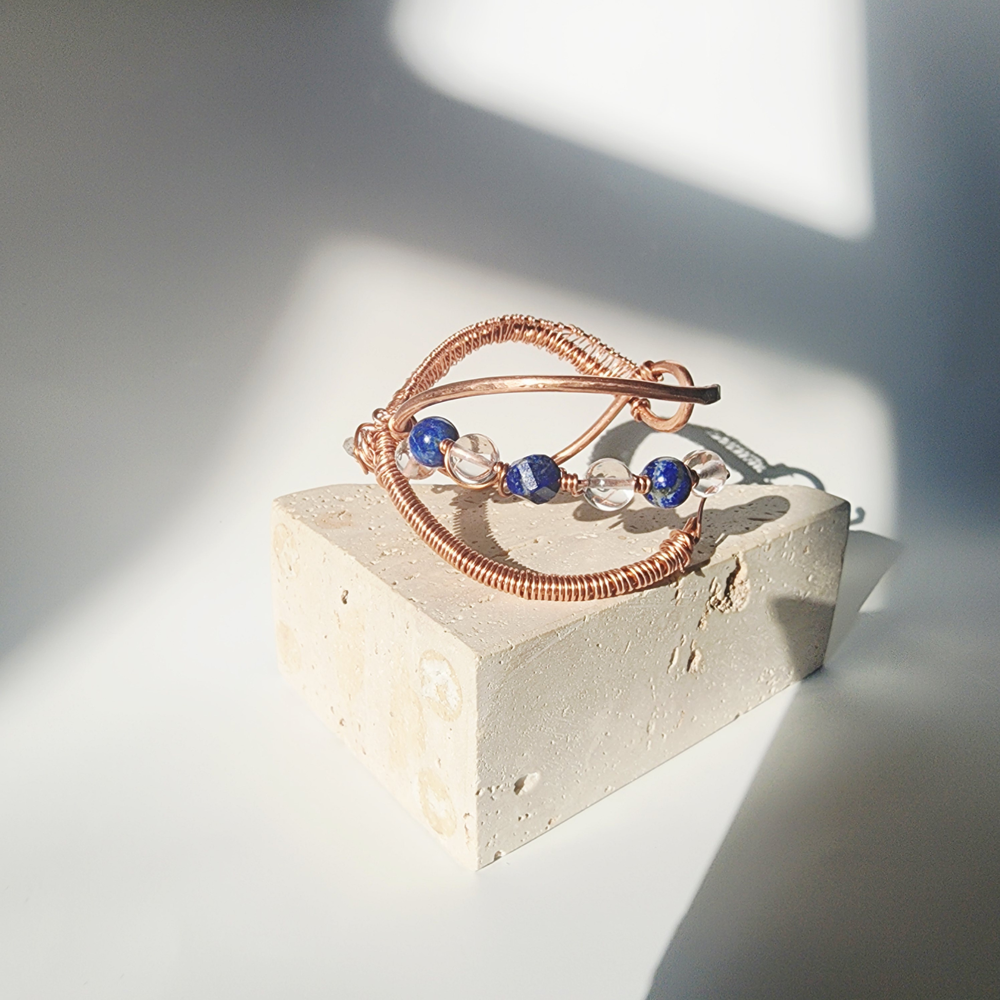 ASE copper cuff bracelet with herkimer diamond clear quartz and lapis lazuli crystals handcrafted infinity symbol design

