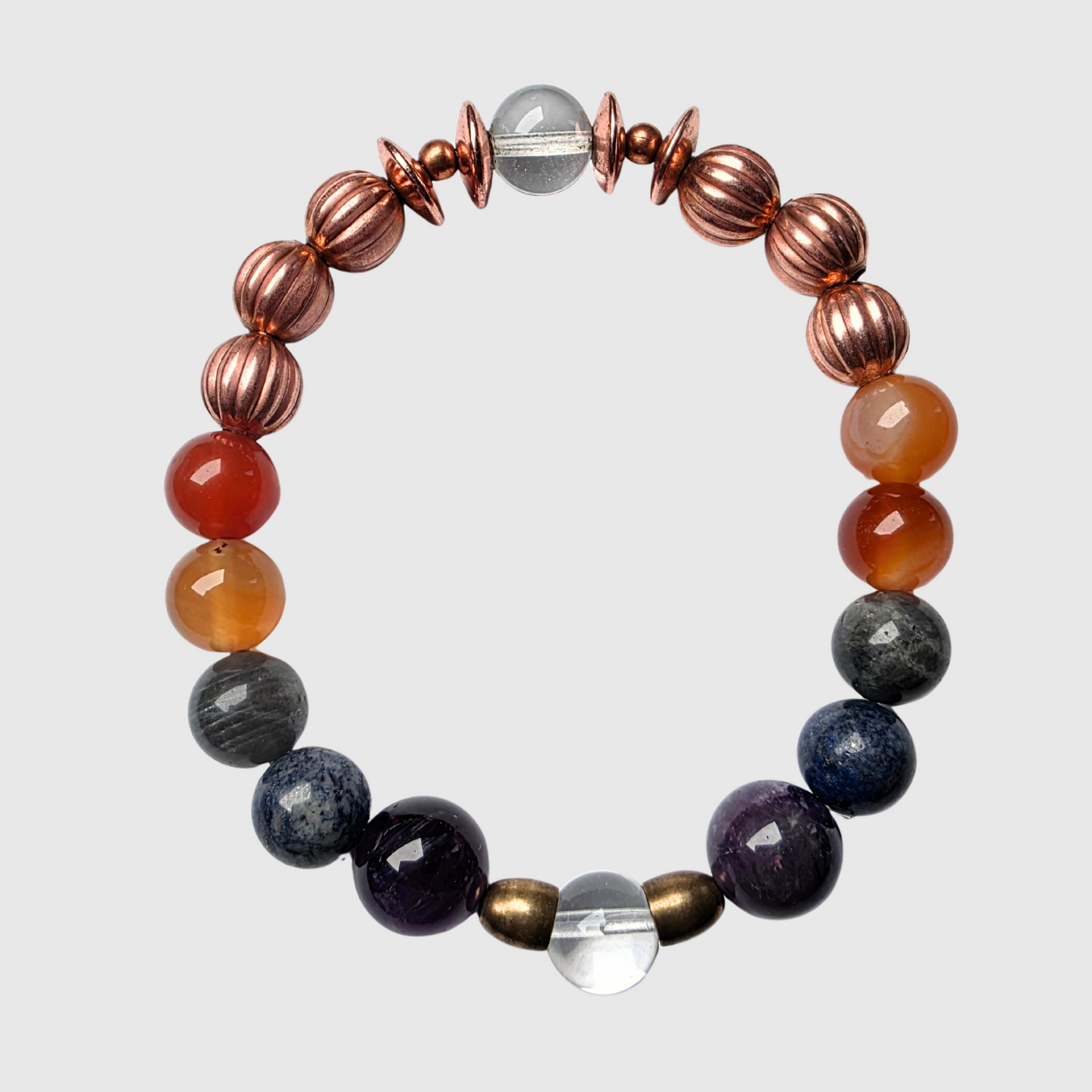 Creative empowerment bracelet with carnelian, labradorite, lapis, amethyst, clear quartz, and copper beads – visionary statement jewelry