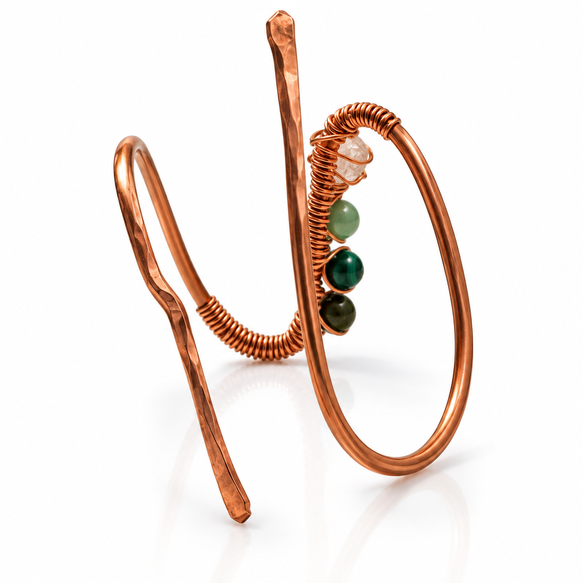 JvOR Aje handmade copper prosperity cuff, back view showing sculptural wire design