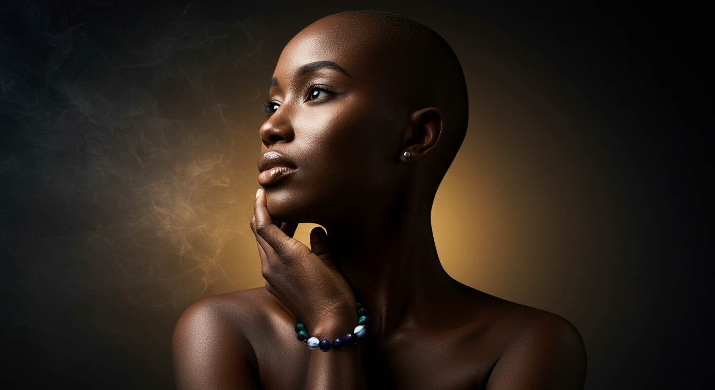 JvOR Rebirth Bracelet on a striking Black woman, editorial portrait with smoky background and golden halo lighting