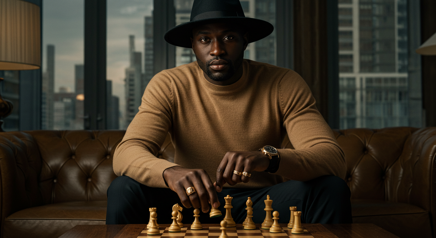 Luxury masculine editorial hero image for Mancave Collection featuring chess, intellect, and style
